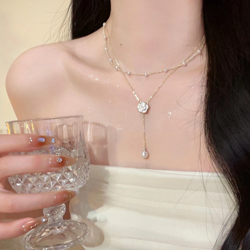 Y2K Double Layer Camellia Flow - Layered Pendant Necklace Aesthetic 评论和价格